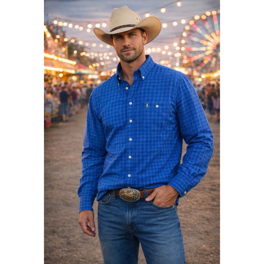 Starr Western Wear Mens Blue Plaid Button Down Shirt Cowboy Western Size L